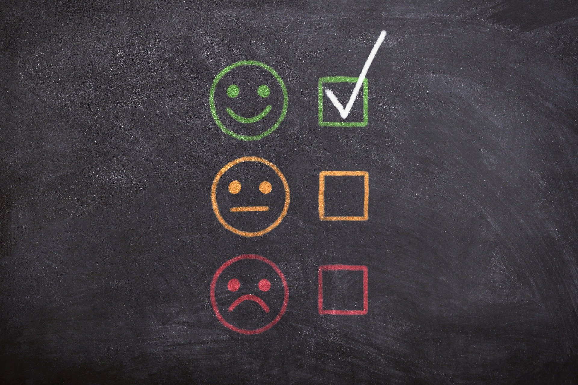 A chalk-drawn checklist on a blackboard displays three faces: a green smiling face with a checked box, an orange neutral face with an unchecked box, and a red sad face with an unchecked box.