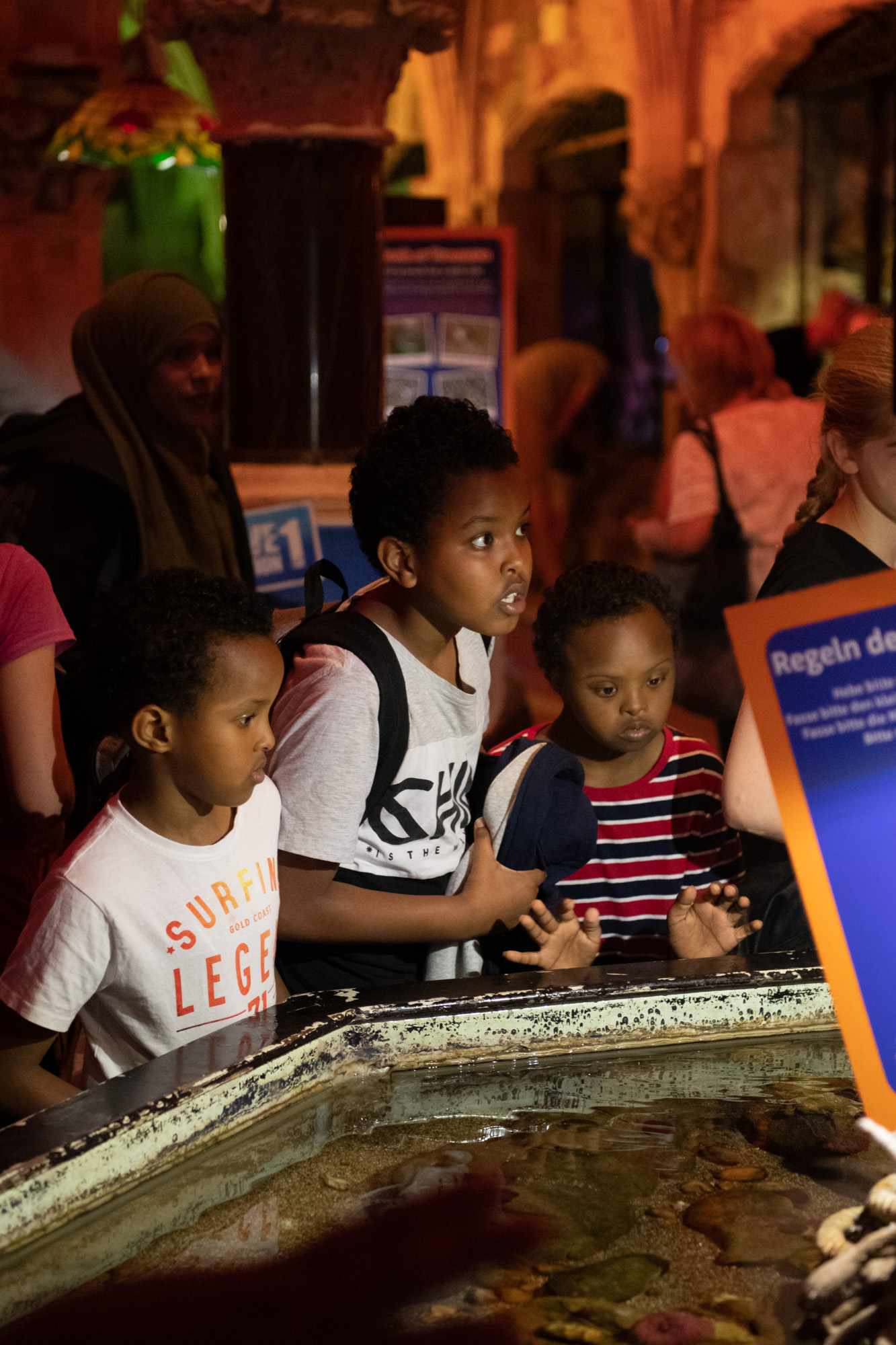 Three children look fascinated as they explore an indoor exhibit at an aquarium. They are surrounded by a crowd of people in a dimly lit environment. The children appear engaged and curious about the display in front of them.