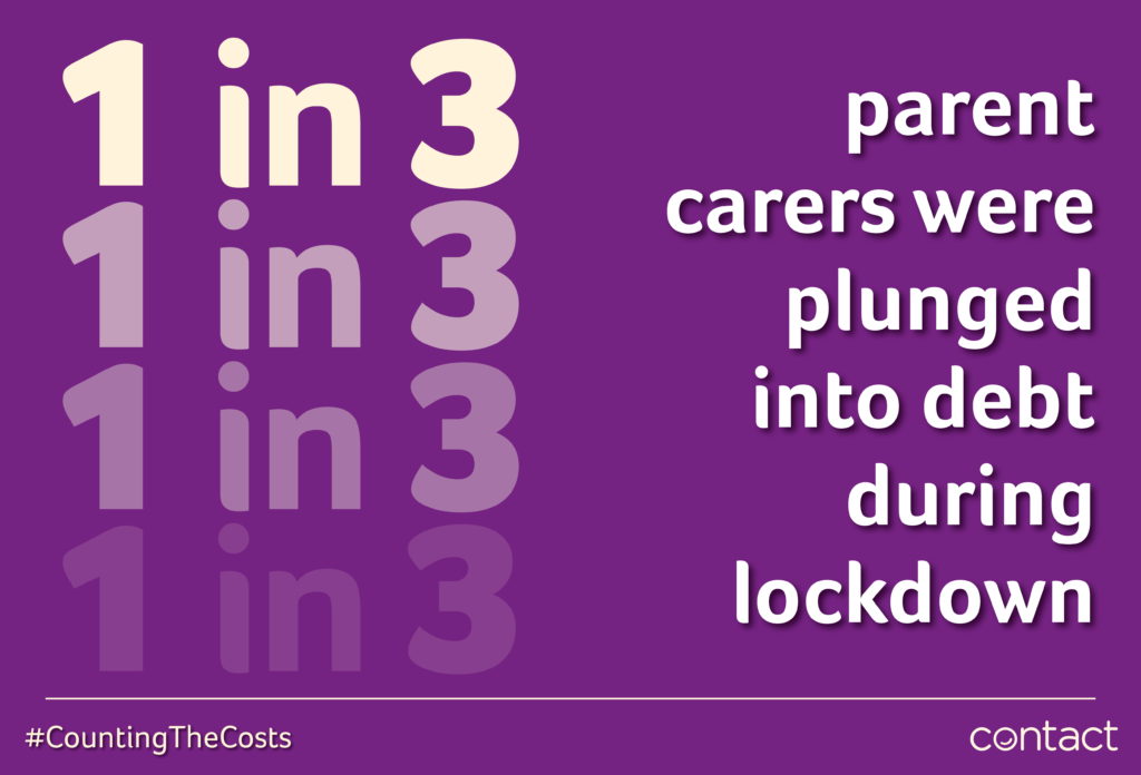 Purple banner - 1 in 3 parent carers were plunged into debt during lockdown