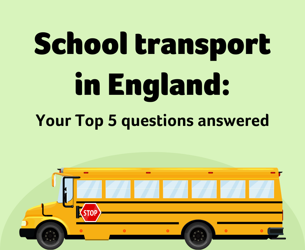 Cartoon of a school bus underneath text saying: "School transport in England - Your top 5 questions answered"