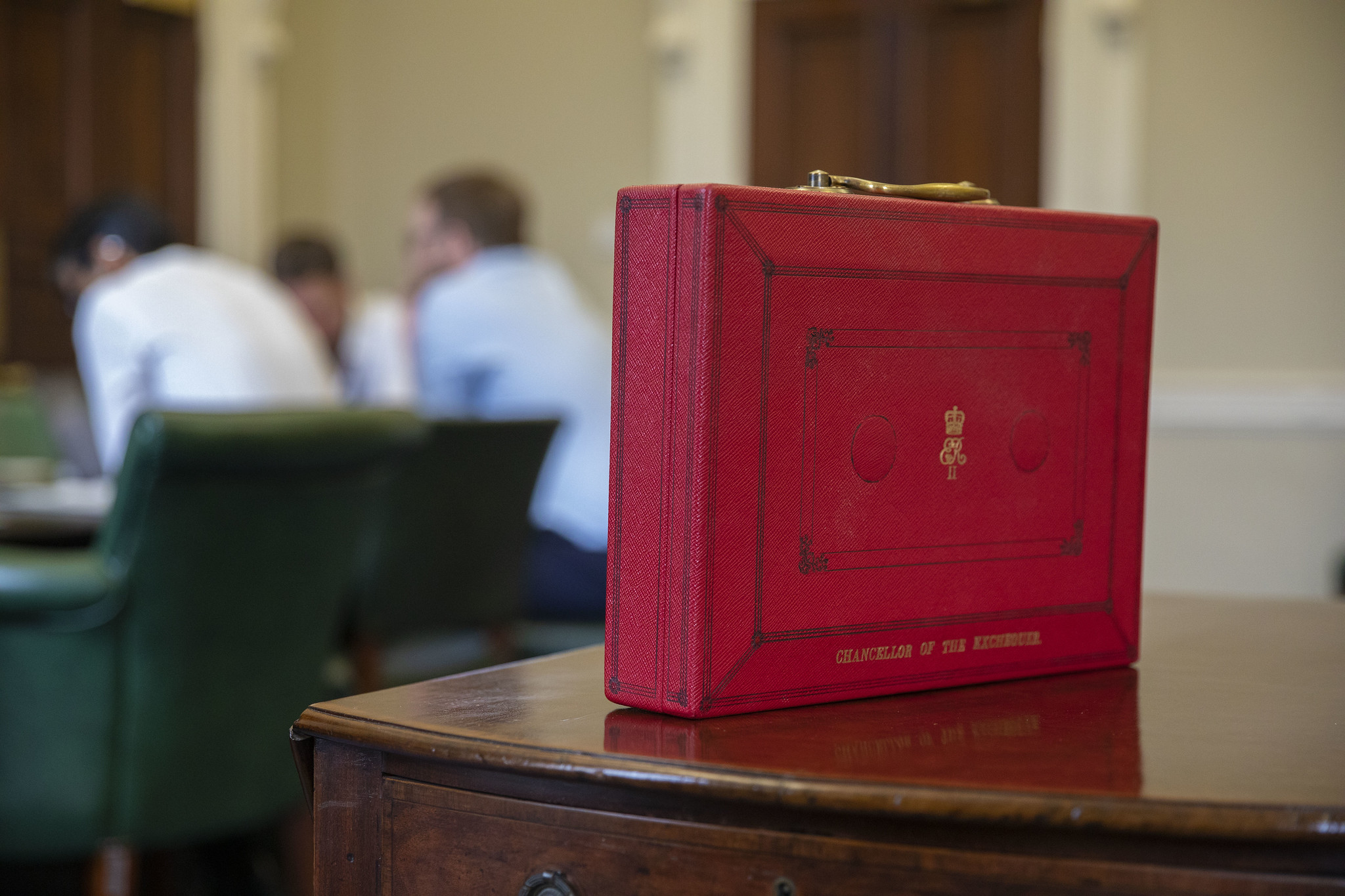 Chancellor of the Exchequer's red briefcase sits on a desk