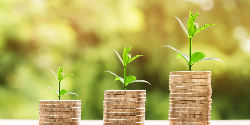 Three stack of coins in increasing height with a budding plant growing out the top of each stack.