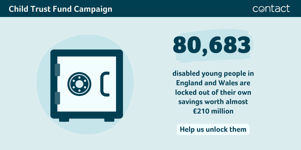 Image of a money safe with caption: 80,683 disabled young people in Engand and Wales are locked out of their own savings worth almost £210 million. Help us unlock them.