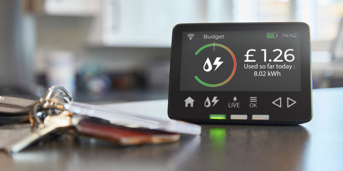 Smart energy meter display on kitchen worktop