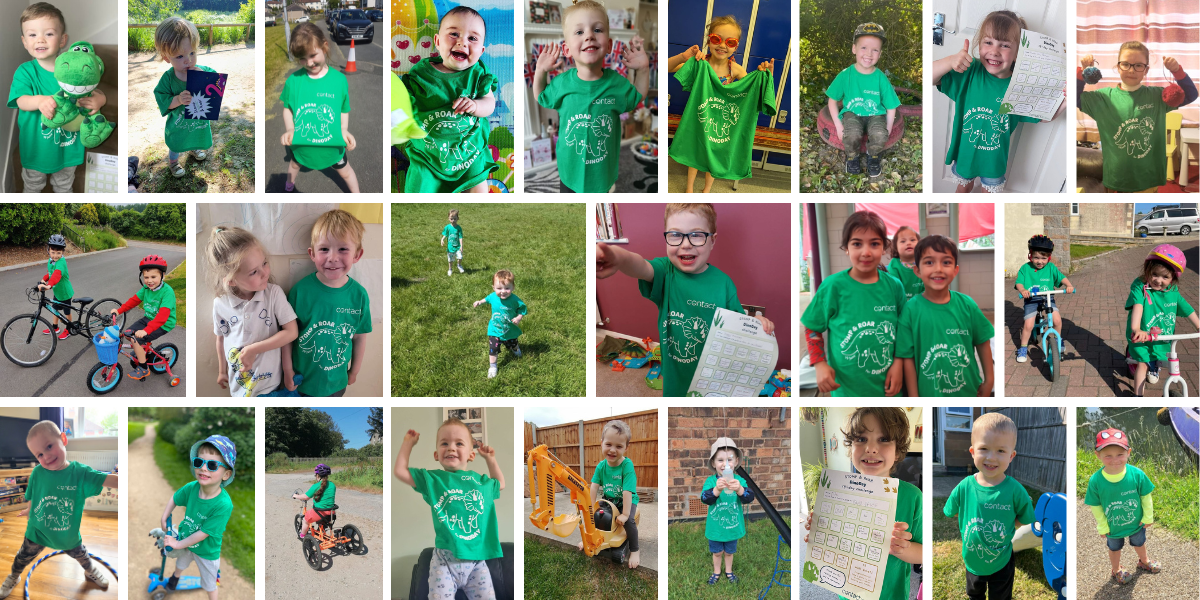 Montage of lots of children wearing green t-shirts who participated in the DinoDay Stomp and Roar Challenge
