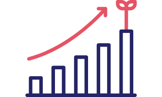 A bar chart with five blue bars of increasing height from left to right, topped by a red upward arrow. The arrow starts at the base of the shortest bar on the left and curves upward, ending above the tallest bar on the right.
