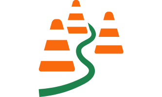 A stylized green river meanders horizontally across a white background, flanked by four stylized orange pyramids on either side. The pyramids decrease in size as they approach the center of the image.