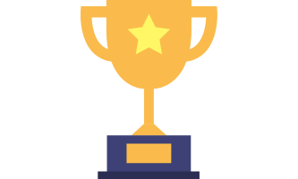 Illustration of a gold trophy with a yellow star, standing on a blue and yellow base. The trophy cup has two handles, one on each side, and is depicted on a white background.