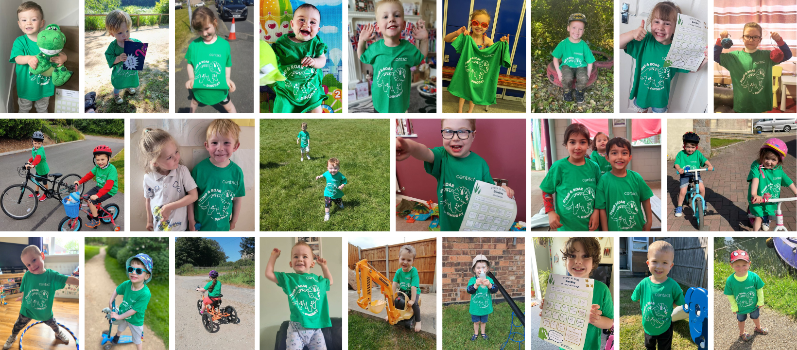 Collage of children wearing their DinoDay Challenge 2023 t-shirts