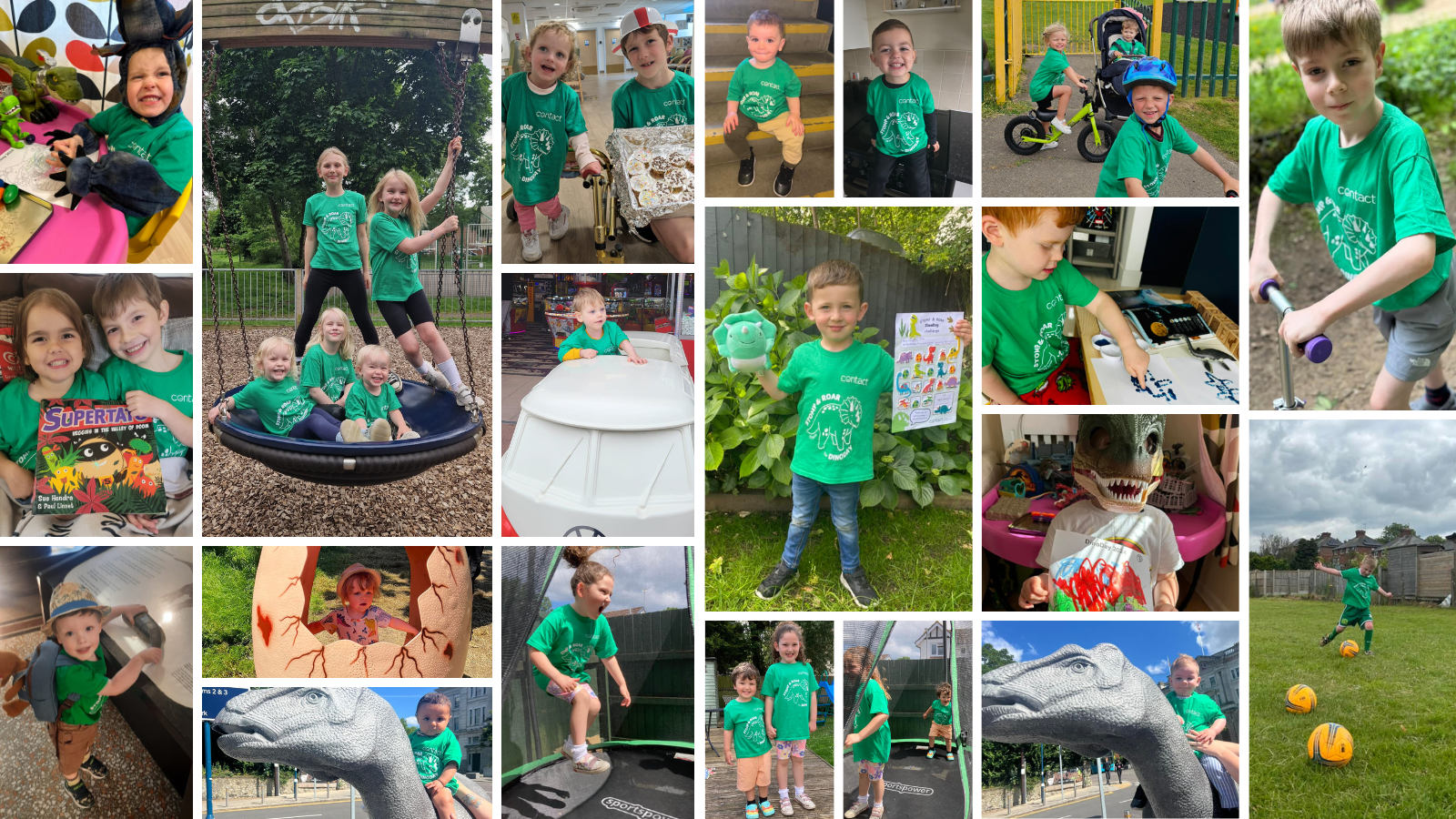 Montage of lots of children wearing green DinoDay t-shirts while taking on the DinoDay Challenge 2024