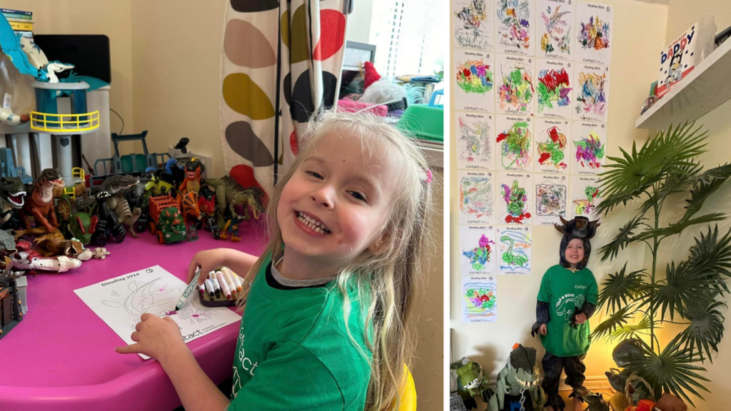 On the left, photo of a young girl wearing a green shirt smiling at the camera while holding crayons and colouring in a dinosaur drawing. She has dinosaur toys spread all over her desk. On the right, the young girl is wearing a dinosaur costume and is standing in front of a wall covered in coloured-in dinosaur drawings.