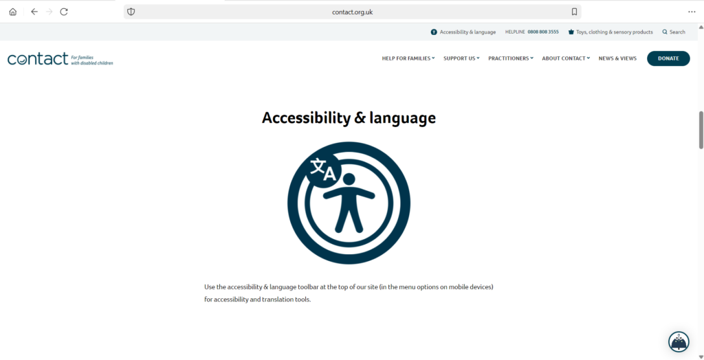 Website screenshot displaying a blue icon of a person with "A" and Chinese character symbols above, indicating accessibility and language tools. Text reads: "Accessibility & language" with navigation links and contact information above.