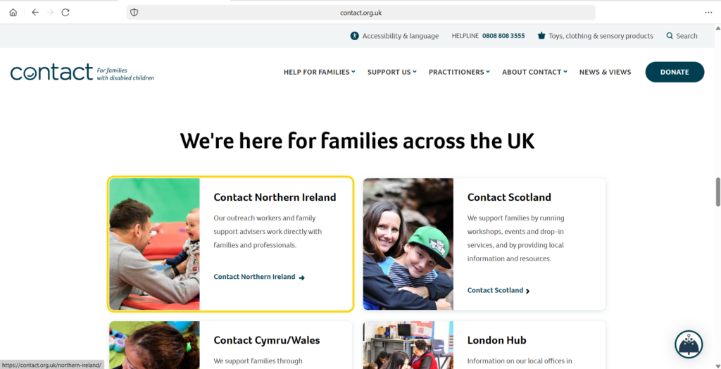 A website page titled "We're here for families across the UK" showing contact options for different regions, including Northern Ireland, Scotland, Cymru/Wales, and London Hub. Each region has a brief description and a corresponding image.