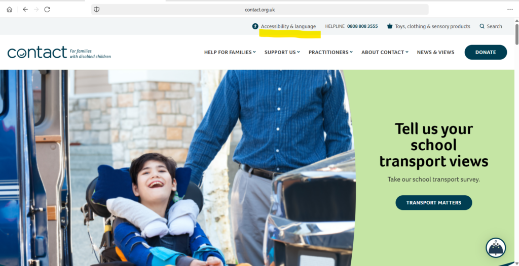 A child in a wheelchair smiling beside a person wearing a blue shirt. The website header reads "Contact," with options like "Help," "Support Us," and "News." A sidebar invites viewers to take a school transport survey.