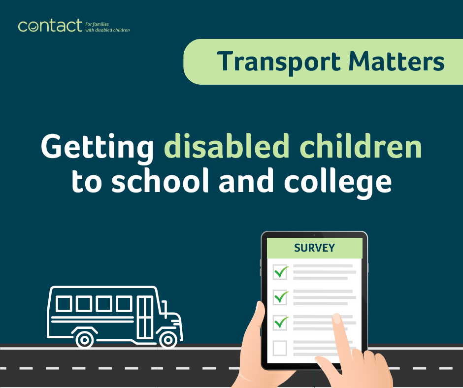 Web banner with the text 'Transport Matters: Getting disabled children to school and college'. Below is a cartoon image of a hand completing an i-pad survey and a bus driving along a road.