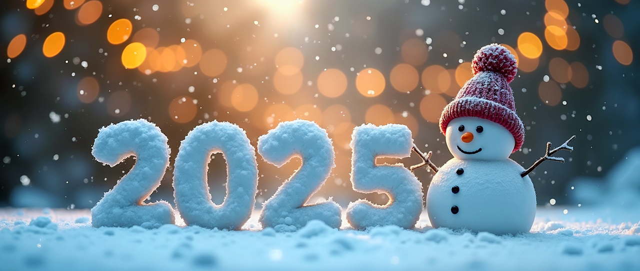 A snowman wearing a red hat stands next to snow-covered numbers forming "2025." Warm, glowing lights create a festive background, with snow gently falling.