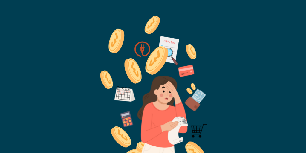 Graphic showing woman looking concerned reading paperwork surrounded by coins