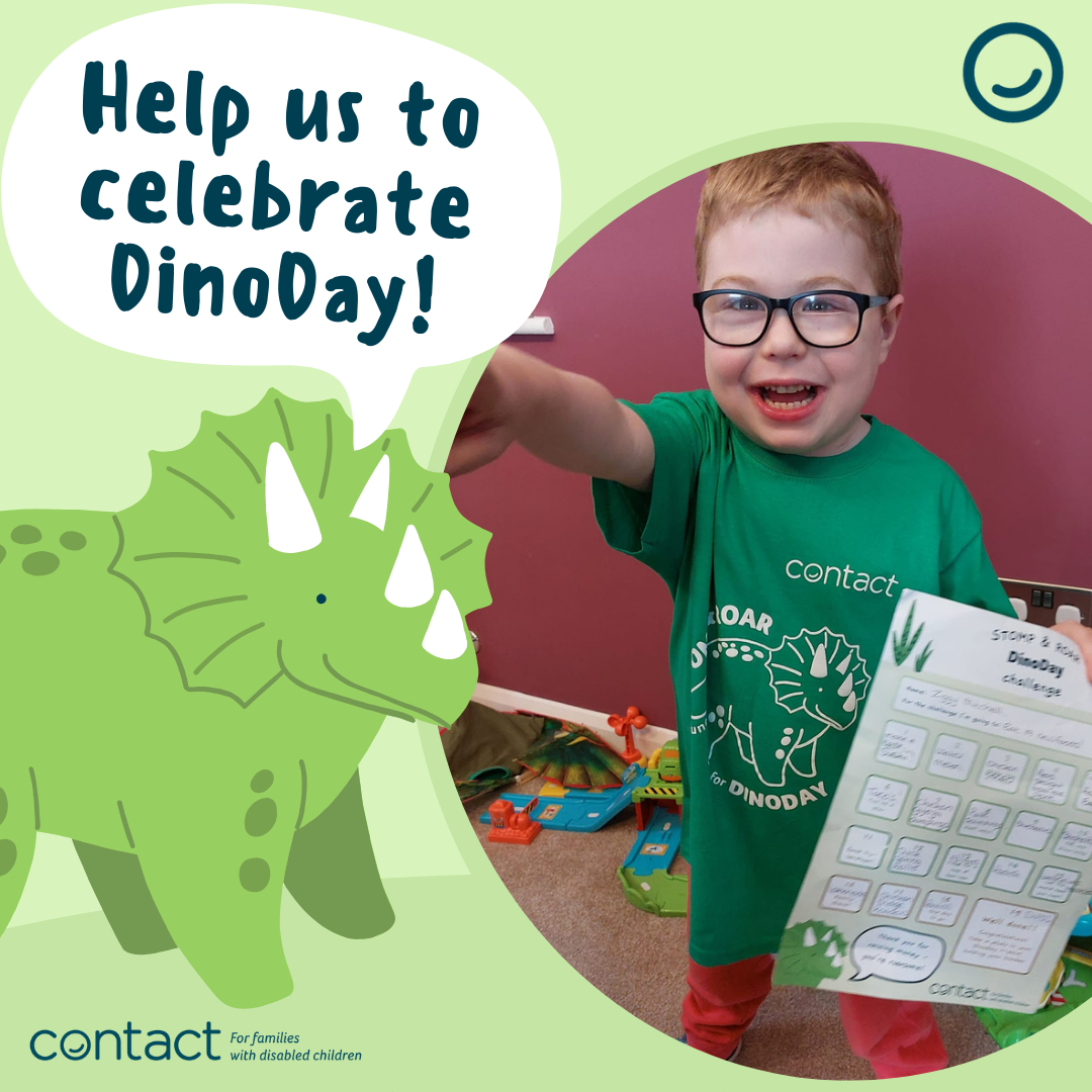 Infographic with text: Help us to celebrate DinoDay. There is an illustration of a dinosaur and a small child smiling with a certificate in hand.
