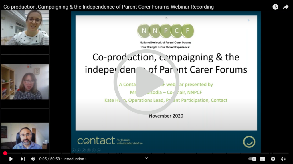 Co-production, campaigning and the independence of Parent Carer Forums online learning session with play button in the centre