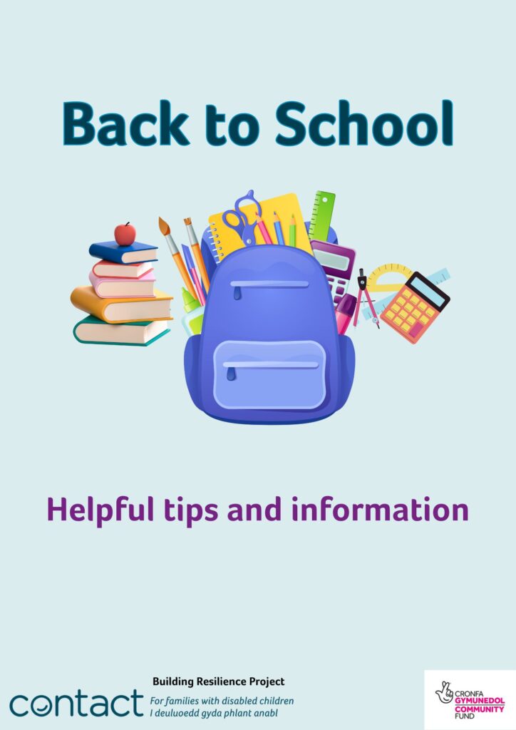 A blue rucksack surrounded by school supplies, books, and a calculator. Text reads 