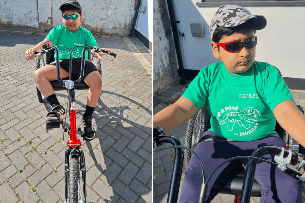 Side-by-side photos of young boy in a green DinoDay shirt riding a disability tricycle