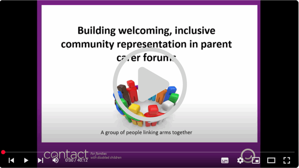 Screenshot for a powerpoint presentation: Building welcoming, inclusive community representation in parent carer forums