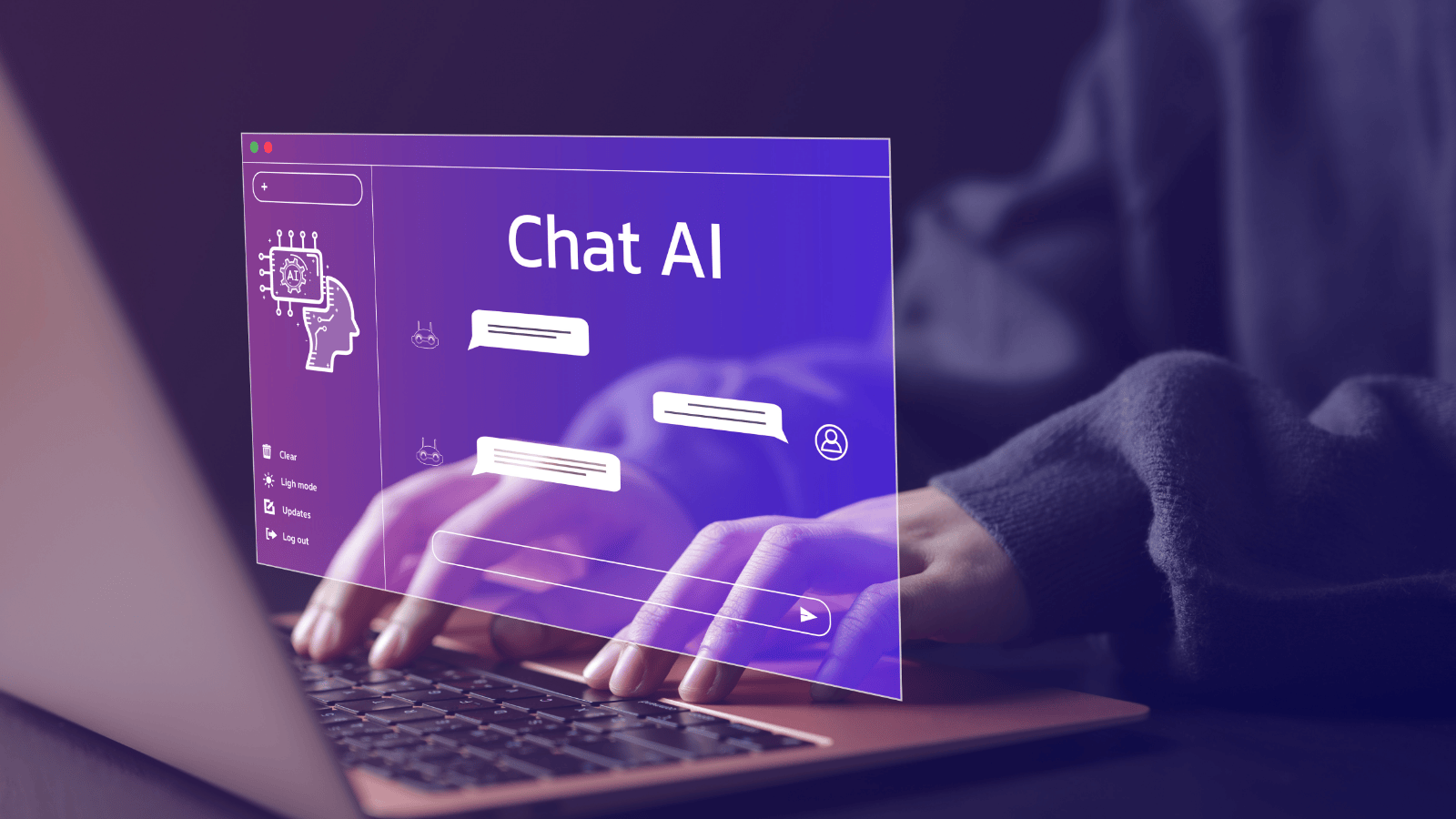Close up of hands typing on a laptop with a superimposed screen depicting chat with AI.