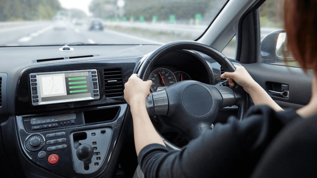 Person holding a car steering wheel