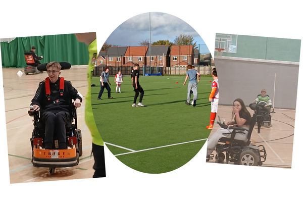 A collage featuring: a young person in a powered wheelchair smiling in a gymnasium; a group playing football on an outdoor pitch; and two young people in powered wheelchairs, one smiling and moving indoors.