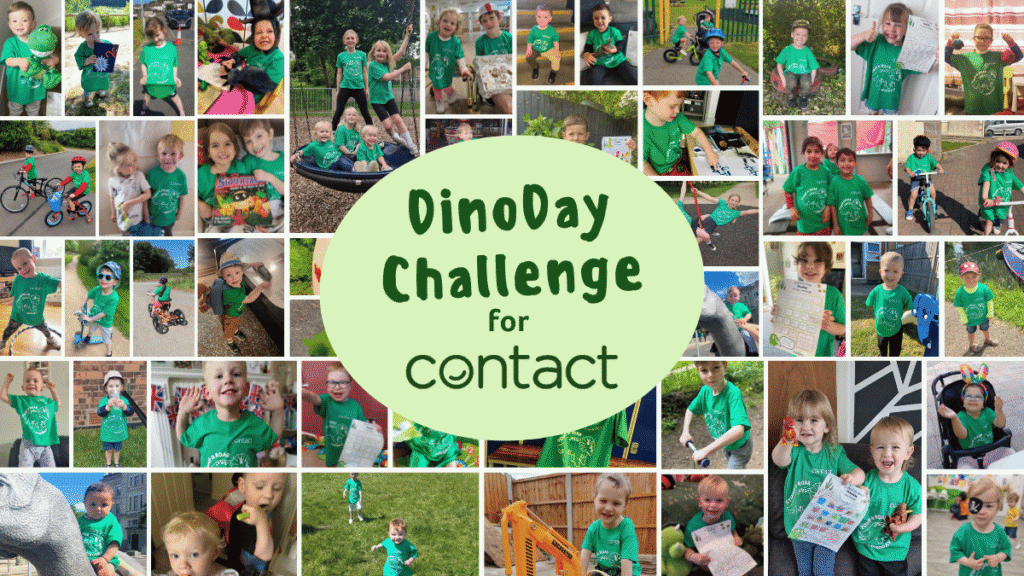 Collage of children wearing green T-shirts with dinosaurs, participating in activities like cycling, playing, and holding papers, surrounding a central circle with the text 
