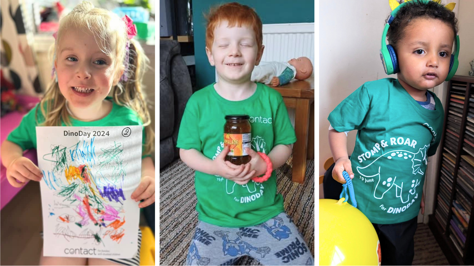 A collage of three children wearing matching green dinosaur-themed shirts. One child is holding a jar of marmalade, one is holding a drawing.