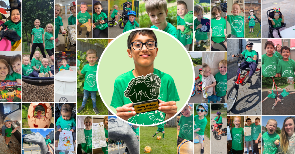 A collage of children wearing matching green dinosaur-themed shirts, smiling and posing in various indoor and outdoor settings, with one child holding a dinosaur award in the centre.
