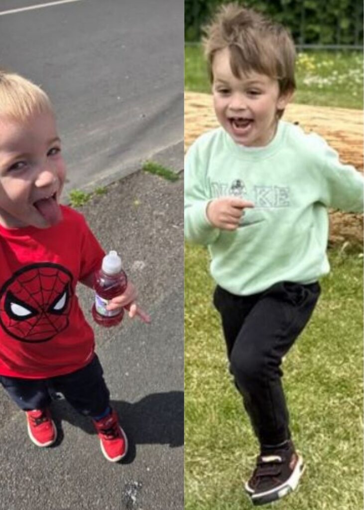 Side-by-side photos of two young boys. Left: a boy outdoors in a red Spiderman shirt, smiling and holding a drink. Right: a boy in a light green jumper running on grass, smiling with excitement.