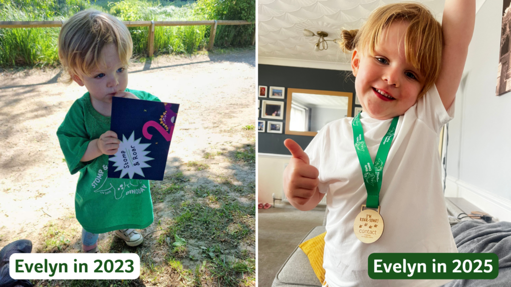 Side-by-side photos of a young child: on the left, Evelyn in 2023 holding a “2” birthday card outdoors, and on the right, Evelyn in 2025 indoors, smiling and wearing a medal. Text labels show the years.