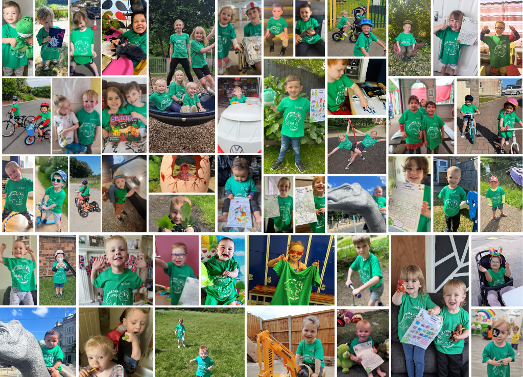 A collage of young children, including disabled children, wearing matching green T-shirts, smiling, playing outside, holding up drawings, riding bikes, and posing with friends in various outdoor and indoor settings for a charity.