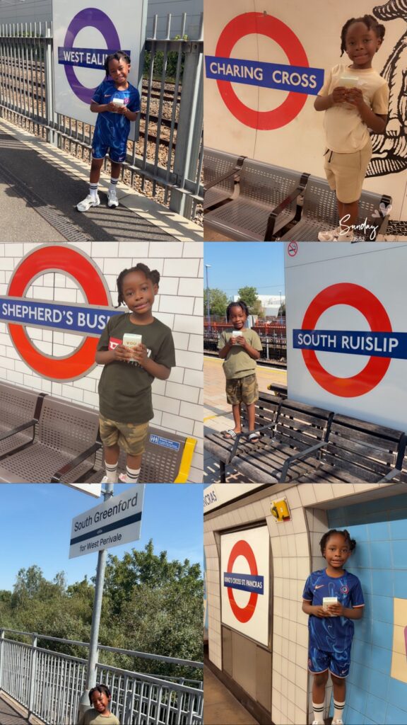A young child poses and smiles at various London Underground and rail station signs, including West Ealing, Charing Cross, Shepherd’s Bush, South Ruislip, South Greenford and Shepherd’s Bush.