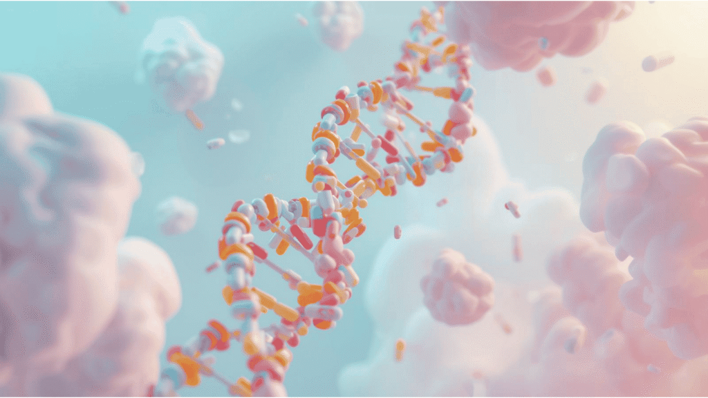 A colourful DNA double helix made of capsules and pills floats among soft, pastel clouds, symbolising the connection between medicine and all about genetics.