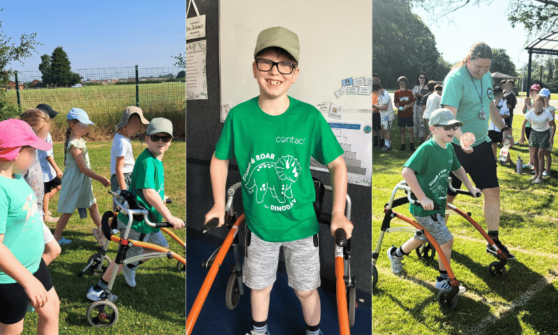 DinoDay fundraiser Finn in a green t-shirt smiling. Another two images of Finn and his classmates walking in a sports field about to cross the finishing line