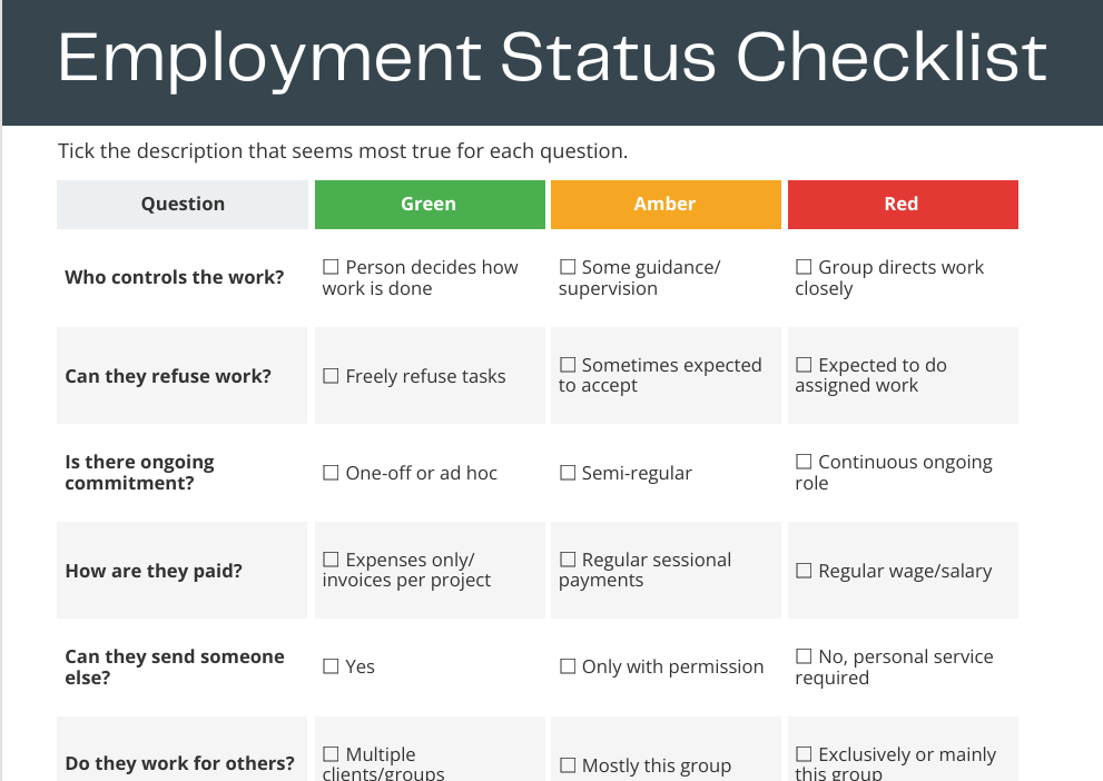 Employment status checklist picture of first page of checklist