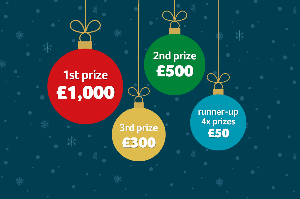 Four hanging Christmas baubles display prize amounts: 1st prize £1,000, 2nd prize £500, 3rd prize £300, and four runner-up prizes of £50 each.